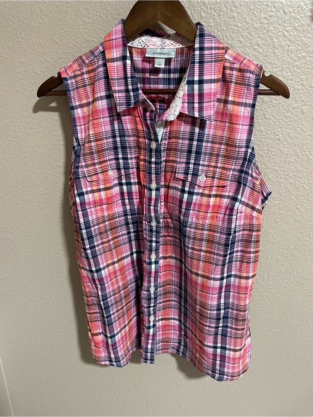 Dressbarn Pink Plaid Sleeveless Button-Front Top